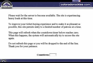 The countdown page seen by many people attempting to buy World Series tickets: when the countdown completed it would either load a page to select seat