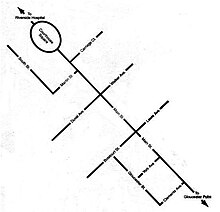 Schematic map of downtown Gloucester, running northwest to southeast
