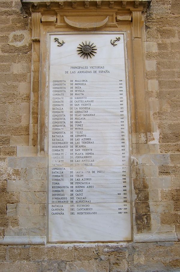 Commemorative plaque at San Fernando's Panteón de los Marinos Ilustres, depicting a list of victories of the Armadas of Spain List of Victories Conque