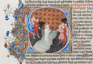 Historiated initial "S" from Psalm 69, "Save me, O God for the waters are come in unto my soul ... I am come into deep waters, where the floods overflow me", Royal MS 1 E IX, most likely Henry IV's Biblia Magna Psalm-69-Biblia-Magna.png