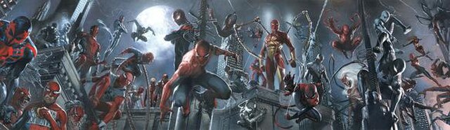 The various Spider-Men who appear in the storyline, art by Gabriele Dell'Otto