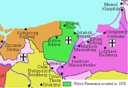 Pomerelian lands with Schlawe-Stolp (green) under the Teutonic Knights, 1308