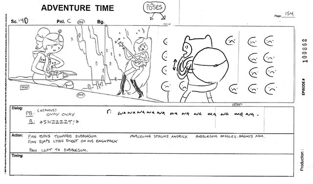 A storyboard panel drawn by Adam Muto for the episode "What Was Missing" showing action, dialogue, and sound effects. Adventure Time is a storyboard-d