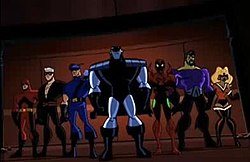 The Injustice Syndicate from The Brave and the Bold. From left to right: Dyna-Mite, Rubber Man, Blue Bowman, Silver Cyclone, Scarlet Scarab, Barracuda and Blaze Crime syndicate of america.jpg
