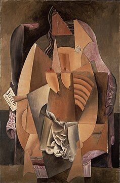Pablo Picasso, 1913–14, Femme assise dans un fauteuil (Eva), Woman in an Armchair, oil on canvas, 149.9 x 99.4 cm, Leonard A. Lauder Cubist Collection