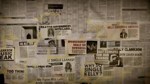 Close-up screenshot of the "Wall of Doubt", containing derogatory headlines about Clarkson.