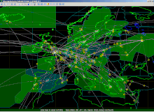 During the 2002 Operation OpenSky event, total online members reached 798 concurrent connections. The "dots" in the screenshot represent aircraft with their routes shown as lines. Vatsim opensky1.gif