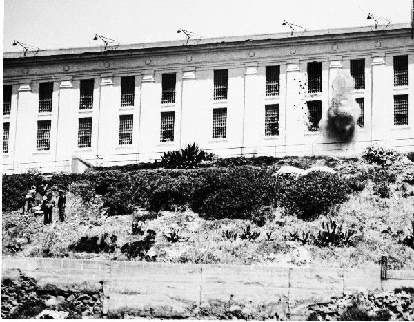 Alcatraz cellhouse shelled by mortars, May 3, 1946