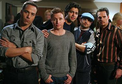 The main characters of Entourage. From left to right: Ari Gold (Jeremy Piven), Eric "E" Murphy (Kevin Connolly), Vincent "Vince" Chase (Adrian Grenier