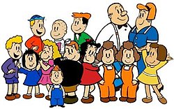 The characters in Little Lulu 1995 series. First row: Wilbur, Annie, Gloria, Alvin, Tubby, Little Lulu, Jeannie and Joannie and Margie; second row: Eddie, Iggy, Willie, Mr. George and Mrs. Martha Moppets. Little Lulu characters.jpg