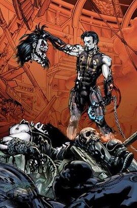 A redesigned Lobo holds up the decapitated head of his predecessor to symbolise his replacement in Justice League (vol. 2) #23.2 (published September 