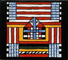 A colorful painting of a house, surrounded by elements of the American flag