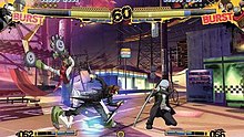 Yosuke Hanamura attacks Yu Narukami using a Persona Attack. The bars in the bottom indicate the amount of remaining energy they currently possess, which is needed to perform special attacks. Personaultimate.jpg