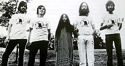 Plastic Ono Band, 1969. L–R: Klaus Voormann, Alan White, Yoko Ono, John Lennon and Eric Clapton