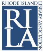 Logo for RILA featuring the: large letters R I L A in blue with the——words Rhode Island Library Association around it at a right angle