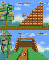 The player, as Mario, can flip between 2D (top) and 3D (bottom), revealing secrets not visible in the other dimension. Super Paper Mario Gameplay.png