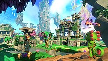 Yooka-Laylee features gameplay similar to the spiritual predecessor, Banjo-Kazooie, where the player searches for and collects items in an open 3D environment. Yookalaylee.jpg