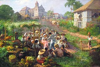 Antipolo by Fernando Amorsolo, depicting Filipinos celebrating the annual pilgrimage to Antipolo, with the pre-War cathedral depicted in the background.