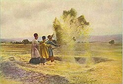 Colorized picture of farmers winnowing grain in Southern Iran, 1921. Iran Agriculture 1921.JPG