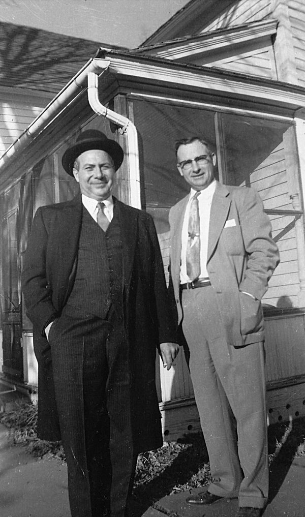 John R. Dunning (left) and Hubert Thelen (right) – first cousins, March 1957 after funeral of John's father A.C. Dunning