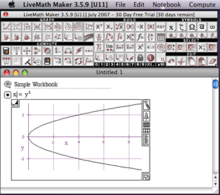 Снимок экрана LiveMath, показывающий (занятую) палитру и простой рабочий лист с графиком x=y^2