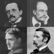 Fellow campaigners against censorship: from top left, clockwise: J. M. Barrie; Gilbert Murray; William Archer; Harley Granville-Barker Censorship-committee.png