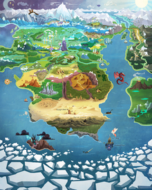 Stylized map of a long continent surrounded by water on both sides. The continent features blue mountains, green forests and fields, and a hot desert to the south. To the left of the image is a cartoon compass.