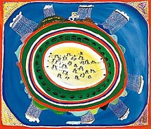 Wul gori-y-mar (Football for all Aboriginal People), painted by Arnhem Land artist Ginger Riley in 1996, shows naked figures playing football during wet season in Limmen Bight. The game is played within a series of concentric circles, designating sacred space. Ginger Riley Football.jpg