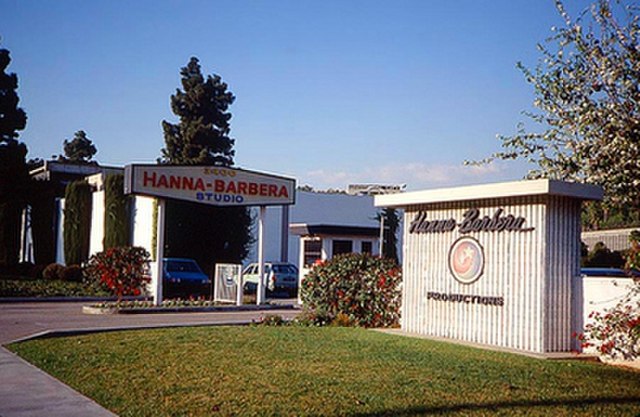 The Hanna-Barbera headquarters in Los Angeles in the 1990s. The "swirling star" logo on the right was designed by Saul Bass in 1979.