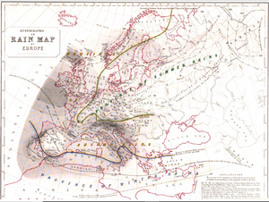 This "Hyetographic or Rain Map of Europe" was also published in 1848 as part of "The Physical Atlas". Hyetographic or Rain Map of Europe 1848 Alexander Keith Johnston.png