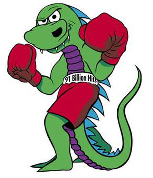 The original green and purple Mozilla mascot, a Godzilla-like lizard which represented the company's goal of producing the browser that would be the "