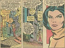 Jessica Drew's feelings of isolation from other people were a major theme of the first year and a half of her series. Scene from Spider-Woman #2 (May 1978); story by Marv Wolfman, pencils by Carmine Infantino, inks by Tony DeZuniga. Reflective scene Spider-Woman 2.jpeg