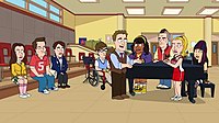 The cast of Glee from left to right: Rachel Berry, Finn Hudson, Kurt Hummel, Artie Abrams, Mr. Schuester, Mercedes Jones, Noah Puckerman, Quinn Fabray, Tina Cohen-Chang GleeCastOnCleveland.jpg