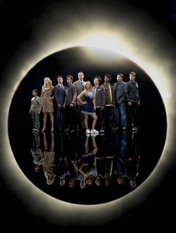 From left to right: Micah, Niki, Nathan, Peter, Noah, Claire, Hiro, Mohinder, Matt, Sylar Heroes cast promo photo.png