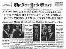 Front page of The New York Times, October 21, 1973, announcing the dismissal of Cox and the departure of Richardson and Ruckelshaus NYTimes Saturday Night Massacre Front Page.gif