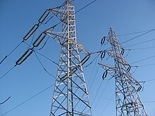 Transmission lines in Romania of which the nearest is a Phase Transposition Tower Romanian electric power transmission lines.jpg