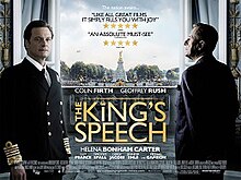 A film poster showing two men framing a large, ornate window looking out onto London. Colin Firth, on the left, is wearing as naval uniform as King George VI, staring at the viewer. Geoffrey Rush, on the right, is wearing a suit and facing out the window, his back to the reader. The picture is overlaid with names and critical praise for the film.