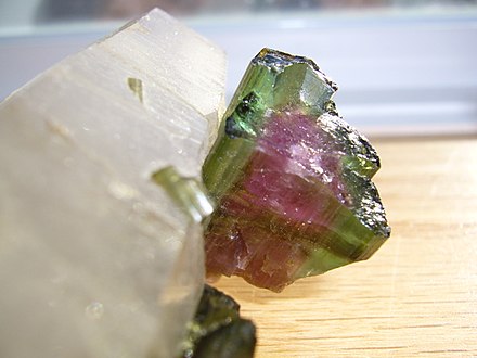 Watermelon Tourmaline mineral on quartz matrix (crystal approximately 2 cm (0.79 in) wide at face)