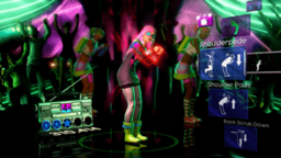 Dance Central features an on-screen character who players are meant to mirror. In addition to ratings, the game also provides feedback by outlining the character's limbs in red to show what part of their body the player is not moving correctly. Dance Central 2010 Gameplay.png