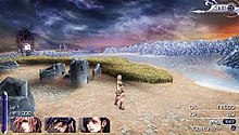 A screenshot showing the single-player mode of the game. The game's world map, with new characters Lightning, Kain and Tifa as the three-member party. Dissidia 012 Story Screenshot.jpg