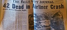 The Falls City Journal's cover story shortly after the Braniff International Airways flight crashed in Richardson County, Nebraska. Falls City Journal cover in August 1966.jpg