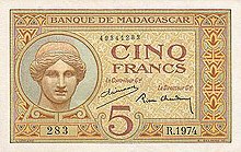 5 francs ca. 1937 Madagascar 5Francs (ca1937) obverse.jpg