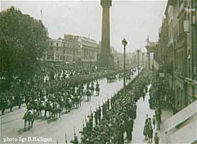 The Inauguration of Seán T. O'Kelly in 1945. The 2nd Cavalry Squadron of the Blue Hussars escort the president, who travelled in the late Queen Alexan