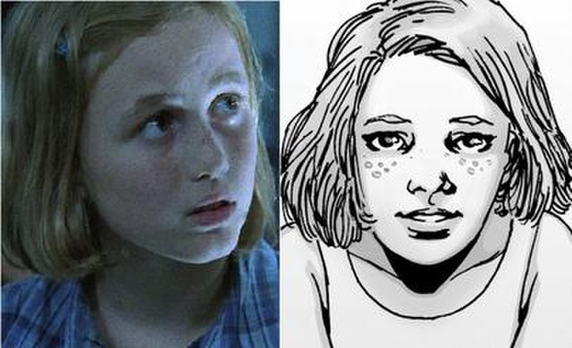 Sophia, as portrayed by Madison Lintz in the television series (left) and as depicted in the comic book series (right).