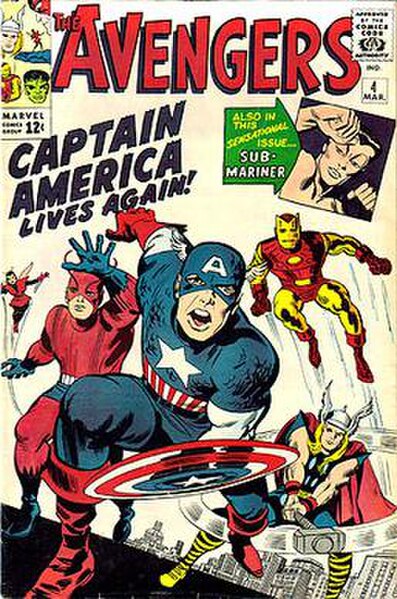 Cover of The Avengers #4 (Mar 1964), featuring the return of Captain America. Art by Jack Kirby.