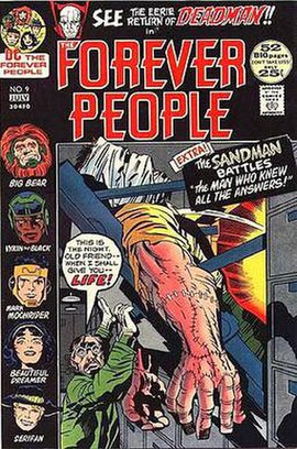 Members of the Forever People, on the cover of issue #9 (June-July 1972). From top to bottom: Big Bear, Vykin the Black, Mark Moonrider, Beautiful Dre