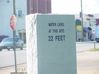 Flood level marker in downtown Franklin