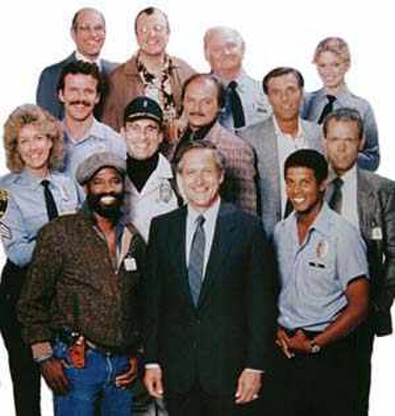 Hill Street Blues cast, circa 1986, left to right, from bottom: Taurean Blacque, Daniel J. Travanti, Michael Warren; second row: Betty Thomas, James B