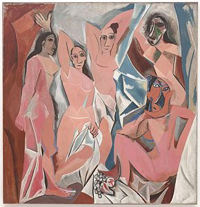 Les Demoiselles d'Avignon; by Pablo Picasso; 1907; oil on canvas; 2.43 × 2.3 m; Museum of Modern Art[258]