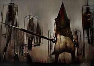 A screenshot of a painting found in a video game; a pale-skinned, spear-wielding and muscular monster with a red, triangular head stands in the center, surrounded by caged humanoids.